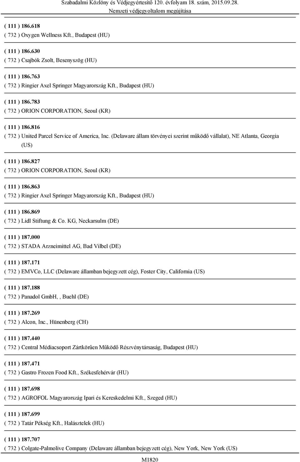 (Delaware állam törvényei szerint működő vállalat), NE Atlanta, Georgia (US) ( 111 ) 186.827 ( 732 ) ORION CORPORATION, Seoul (KR) ( 111 ) 186.863 ( 732 ) Ringier Axel Springer Magyarország Kft.