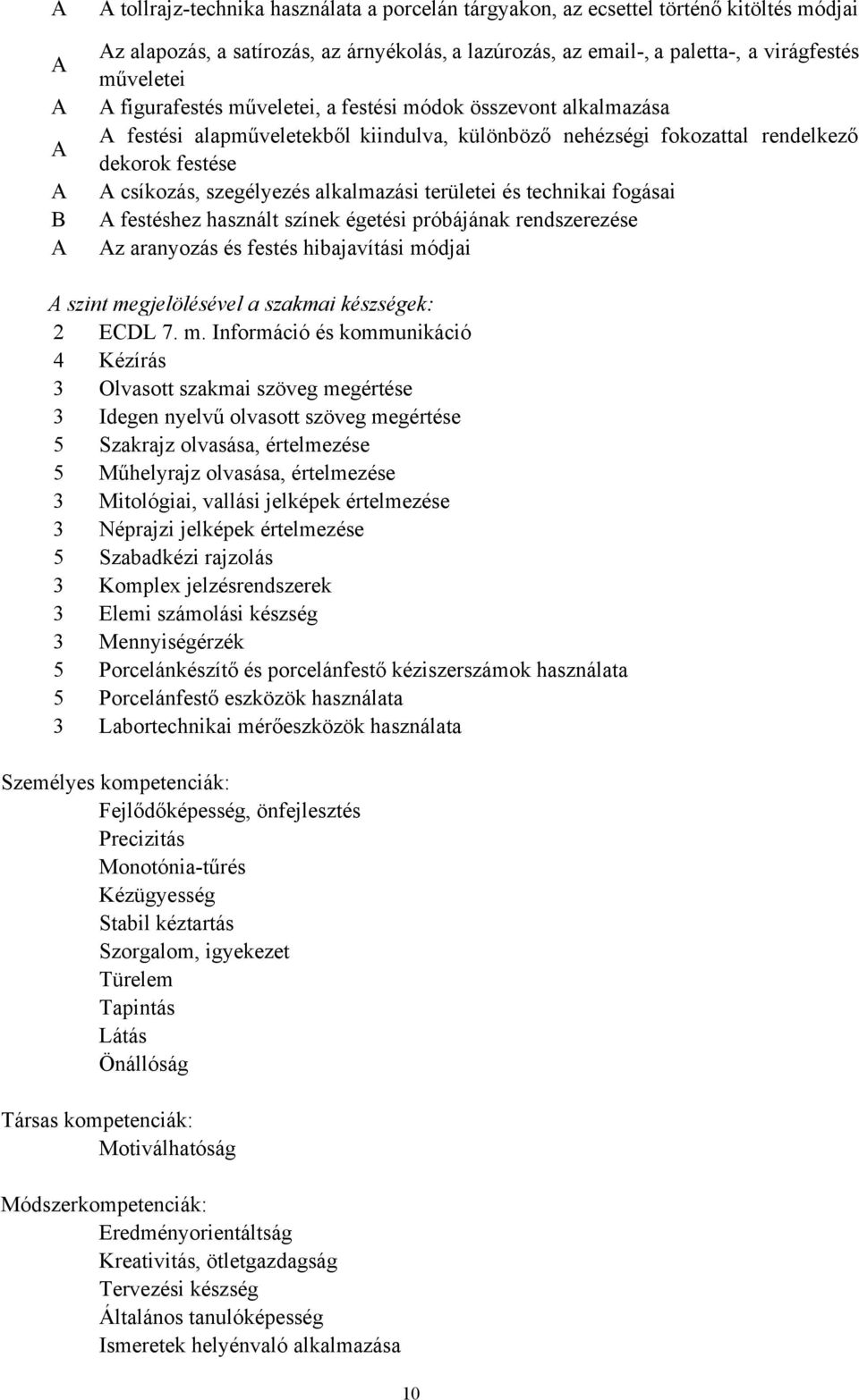 alkalmazási területei és technikai fogásai A festéshez használt színek égetési próbájának rendszerezése Az aranyozás és festés hibajavítási módjai A szint megjelölésével a szakmai készségek: 2 ECDL 7.