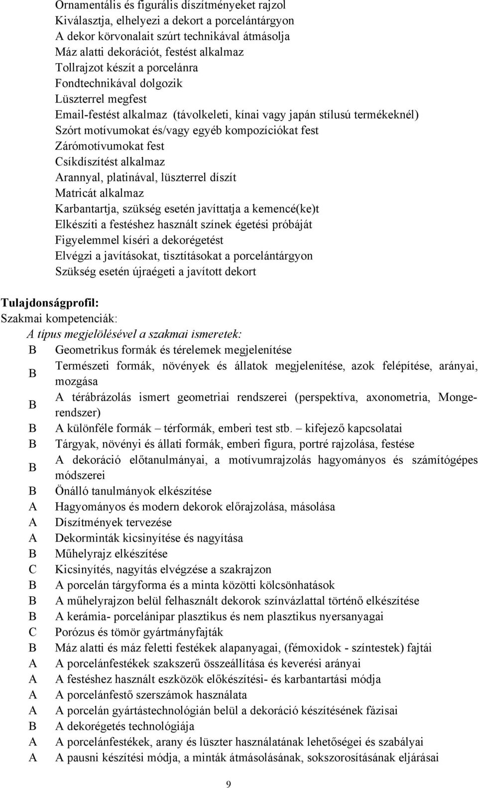 Zárómotívumokat fest Csíkdíszítést alkalmaz Arannyal, platinával, lüszterrel díszít Matricát alkalmaz Karbantartja, szükség esetén javíttatja a kemencé(ke)t Elkészíti a festéshez használt színek