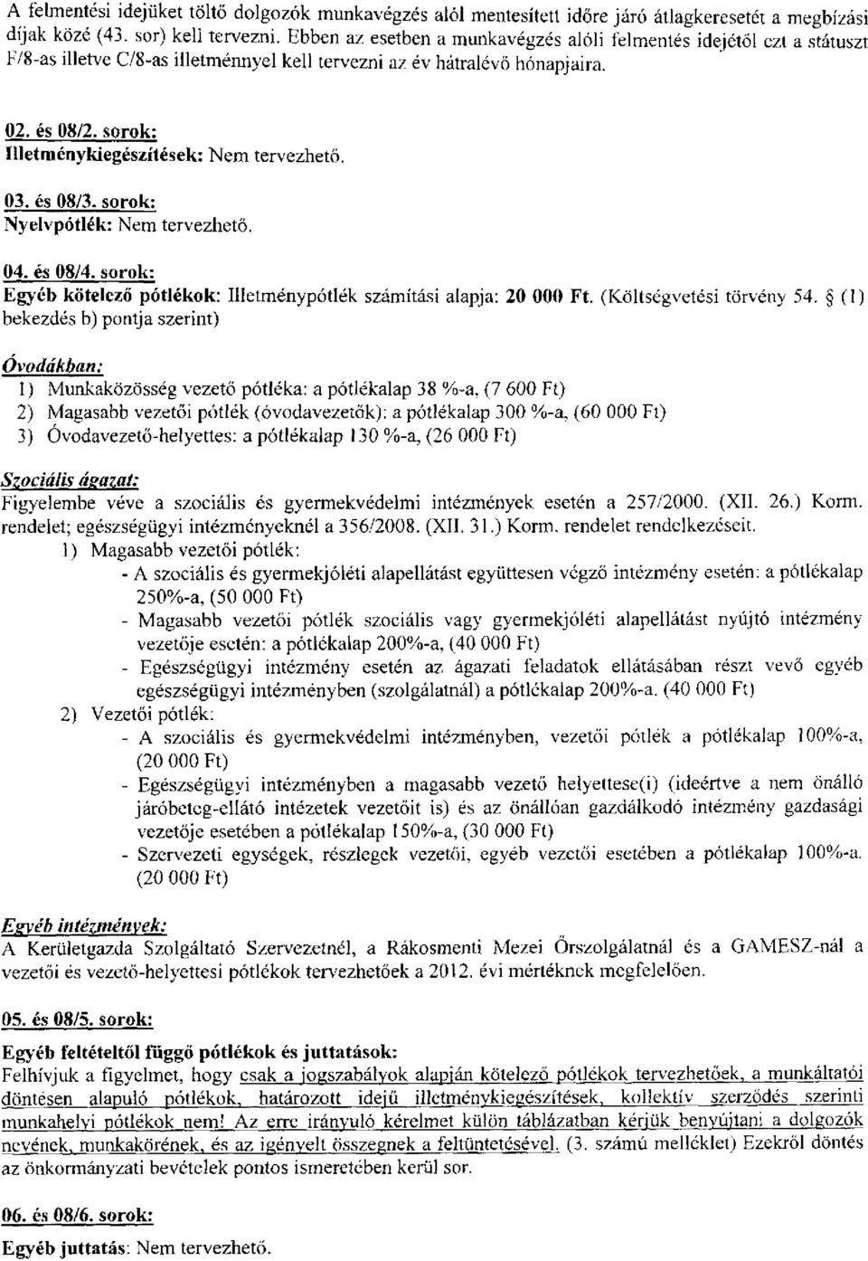 sorok: Illetménykiegészítések: Nem tervezhető. 03. és 08/3. sorok: Nyelvpótlék: Nem tervezhető. 04. és 08/4. sorok: Egyéb kötelező pótlékok: Illetménypótlék számítási alapja: 20 000 Ft.