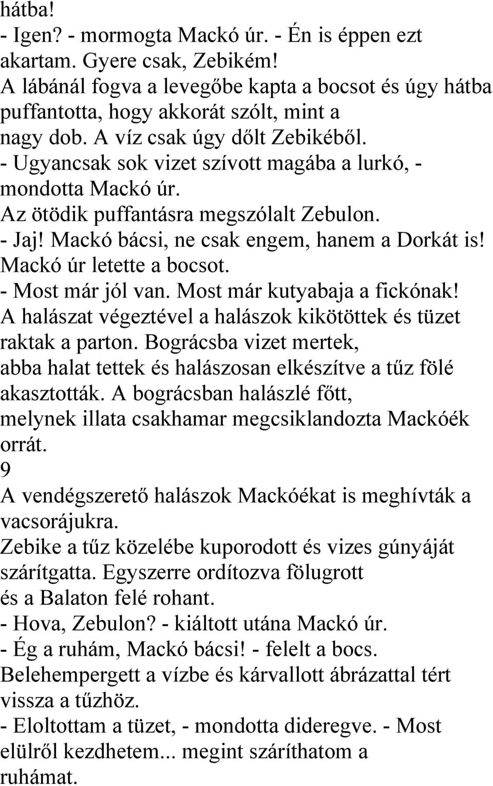 Mackó úr letette a bocsot. - Most már jól van. Most már kutyabaja a fickónak! A halászat végeztével a halászok kikötöttek és tüzet raktak a parton.