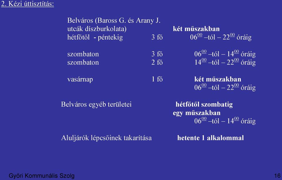 tól 14 00 óráig szombaton 2 fő 14 00 tól 22 00 óráig vasárnap 1 fő két műszakban 06 00 tól 22 00 óráig