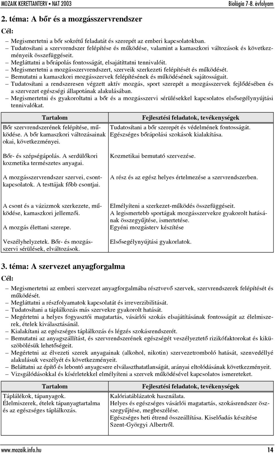 Megismertetni a mozgásszervrendszert, szerveik szerkezeti felépítését és mûködését. Bemutatni a kamaszkori mozgásszervek felépítésének és mûködésének sajátosságait.