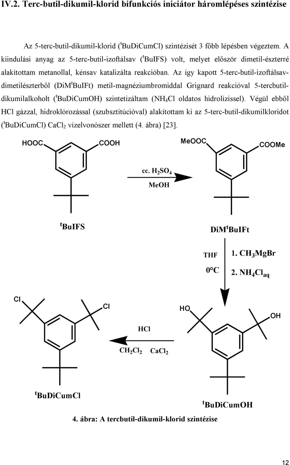 Az így kapott 5-terc-butil-izoftálsavdimetilészterből (DiM t BuIFt) metil-magnéziumbromiddal Grignard reakcióval 5-tercbutildikumilalkoholt ( t BuDiCumOH) szintetizáltam (NH 4 Cl oldatos