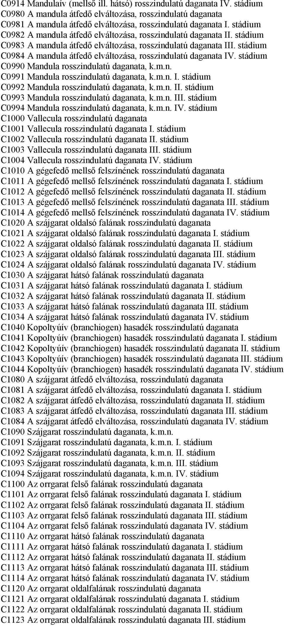 stádium C0984 A mandula átfedő elváltozása, rosszindulatú daganata IV. stádium C0990 Mandula rosszindulatú daganata, k.m.n. C0991 Mandula rosszindulatú daganata, k.m.n. I. stádium C0992 Mandula rosszindulatú daganata, k.