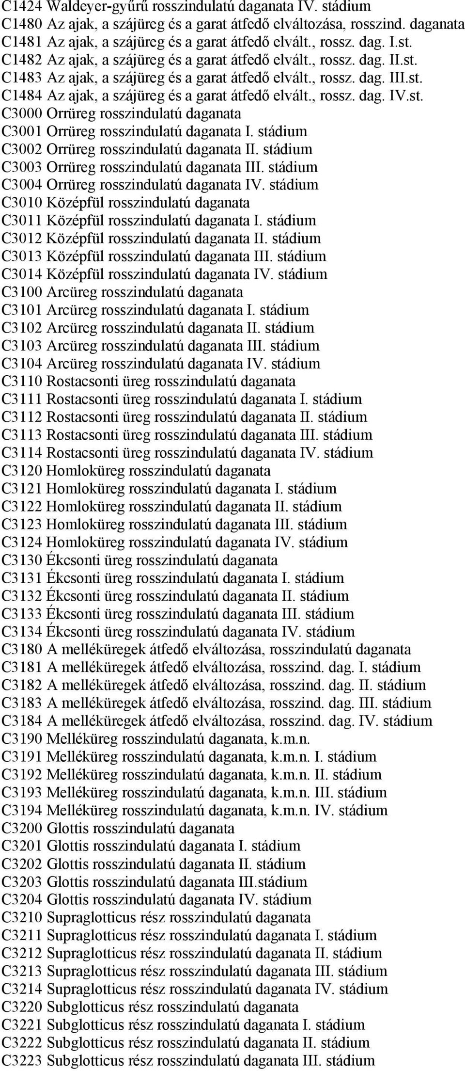 stádium C3002 Orrüreg rosszindulatú daganata II. stádium C3003 Orrüreg rosszindulatú daganata III. stádium C3004 Orrüreg rosszindulatú daganata IV.