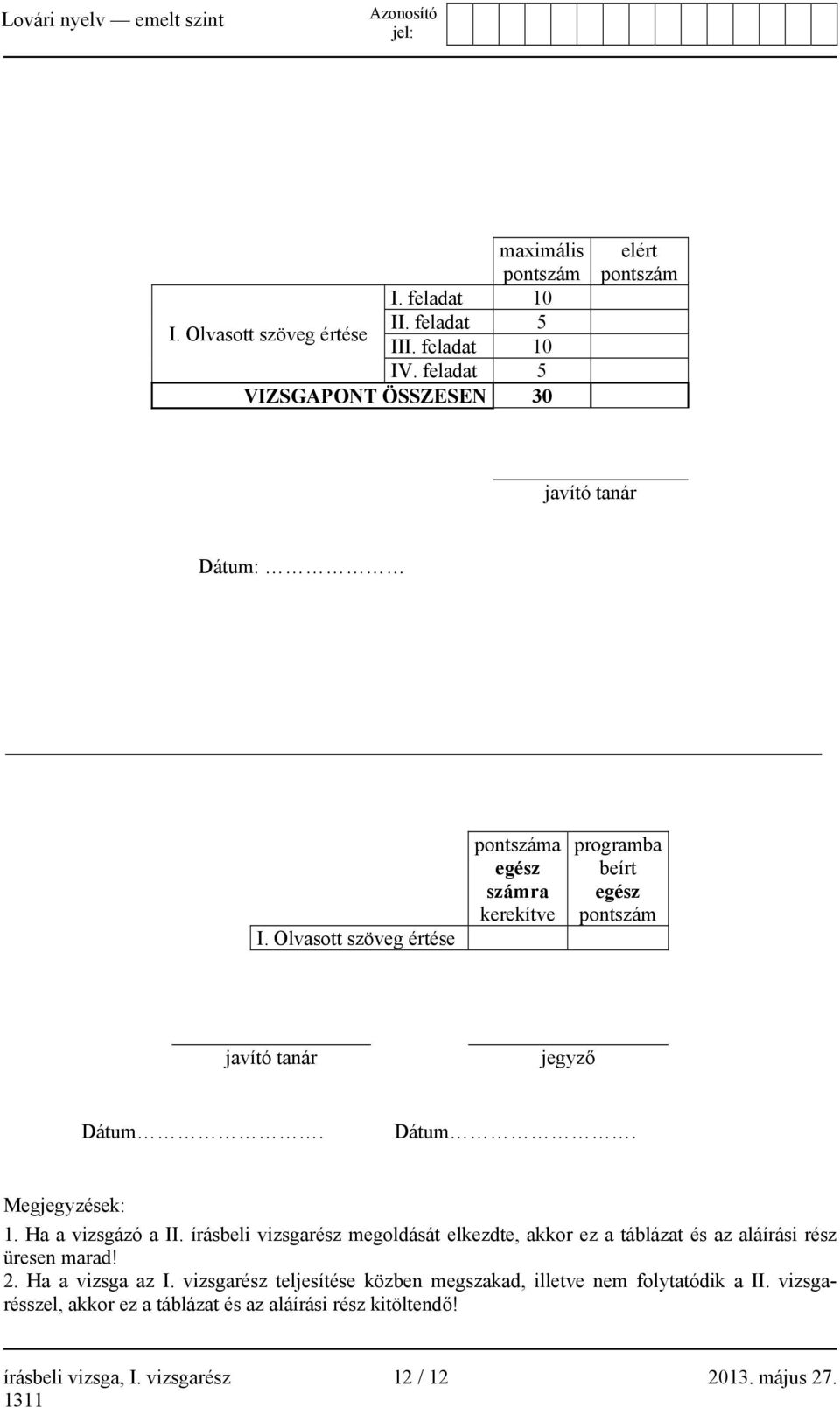 Olvasott szöveg értése pontszáma egész számra kerekítve programba beírt egész pontszám javító tanár jegyző Dátum. Dátum. Megjegyzések: 1. Ha a vizsgázó a II.