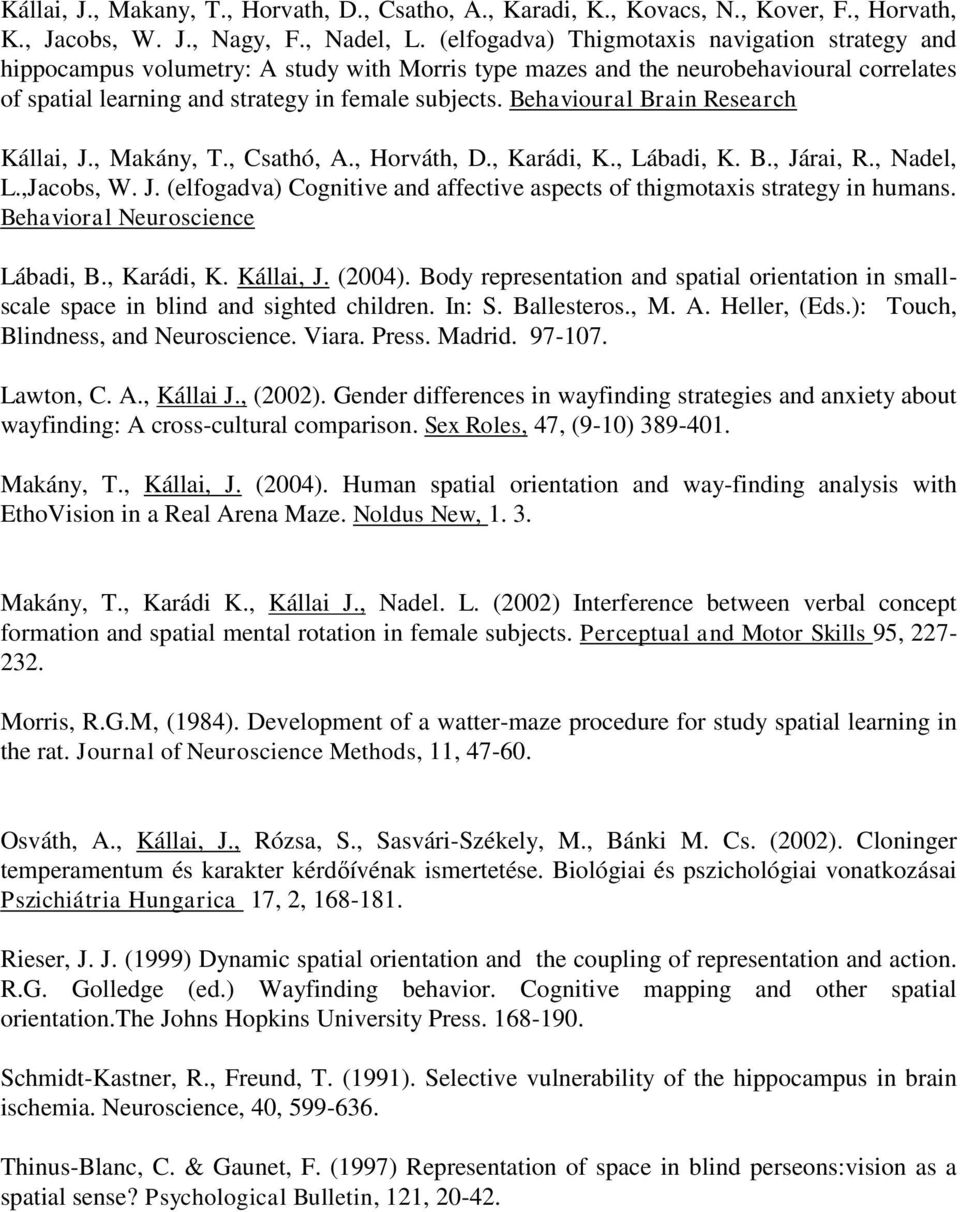 Behavioural Brain Research Kállai, J., Makány, T., Csathó, A., Horváth, D., Karádi, K., Lábadi, K. B., Járai, R., Nadel, L.,Jacobs, W. J. (elfogadva) Cognitive and affective aspects of thigmotaxis strategy in humans.