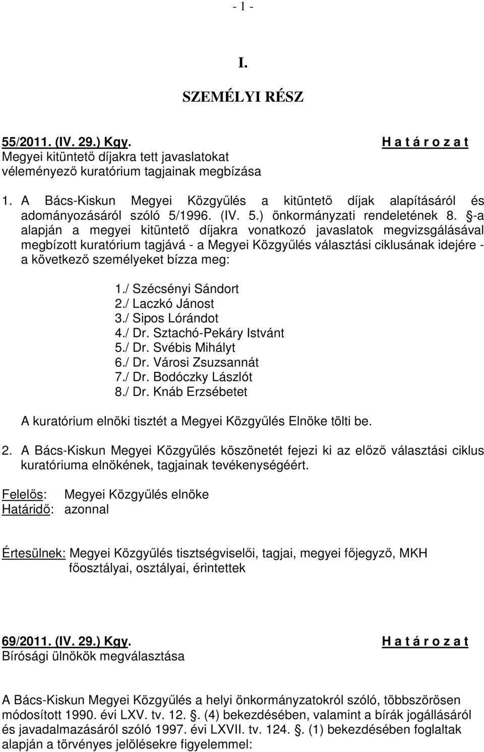 -a alapján a megyei kitüntetı díjakra vonatkozó javaslatok megvizsgálásával megbízott kuratórium tagjává - a Megyei Közgyőlés választási ciklusának idejére - a következı személyeket bízza meg: 1.