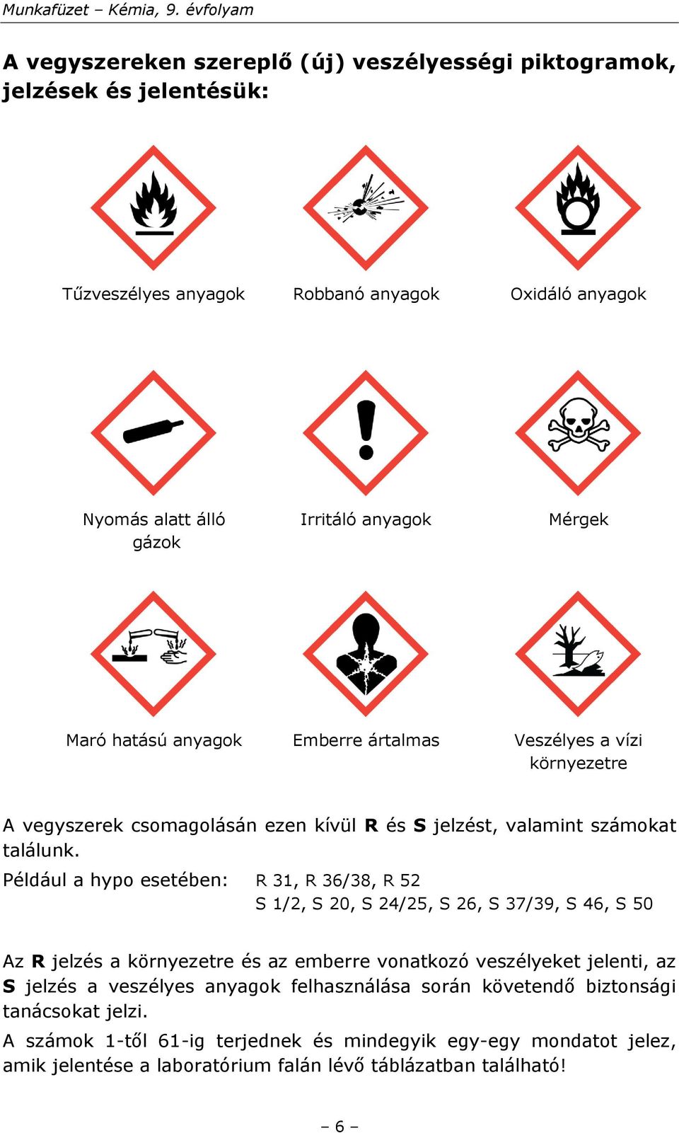 Például a hypo esetében: R 31, R 36/38, R 52 S 1/2, S 20, S 24/25, S 26, S 37/39, S 46, S 50 Az R jelzés a környezetre és az emberre vonatkozó veszélyeket jelenti, az S jelzés a