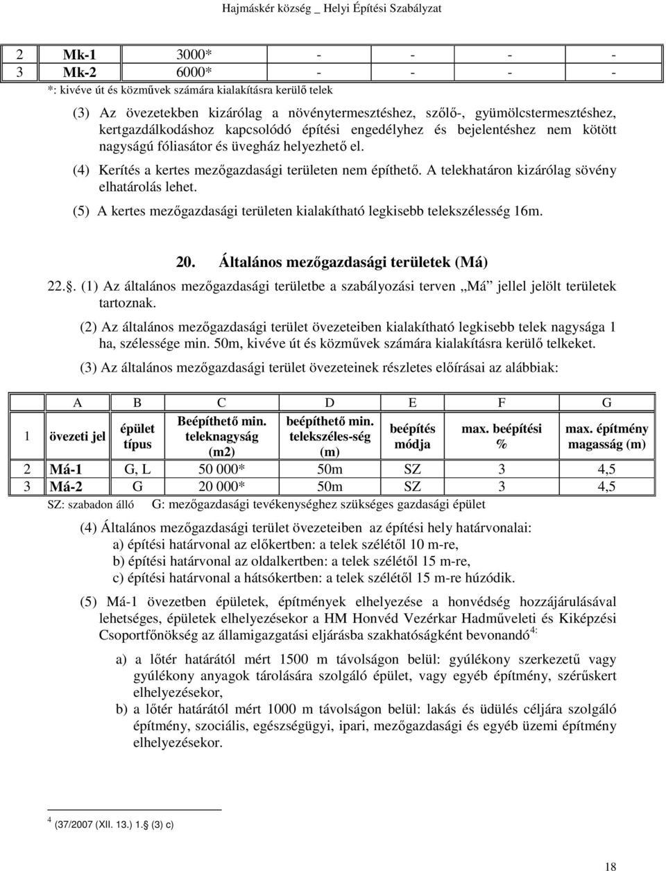 A telekhatáron kizárólag sövény elhatárolás lehet. (5) A kertes mezőgazdasági területen kialakítható legkisebb telekszélesség 16m. 20. Általános mezőgazdasági területek (Má) 22.