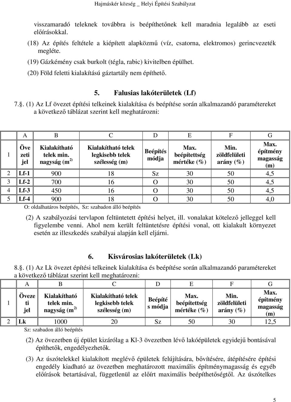 . (1) Az Lf övezet építési telkeinek kialakítása és beépítése során alkalmazandó paramétereket a következő táblázat szerint kell meghatározni: 1 A B C D E F G Öve zeti jel Kialakítható telek min.