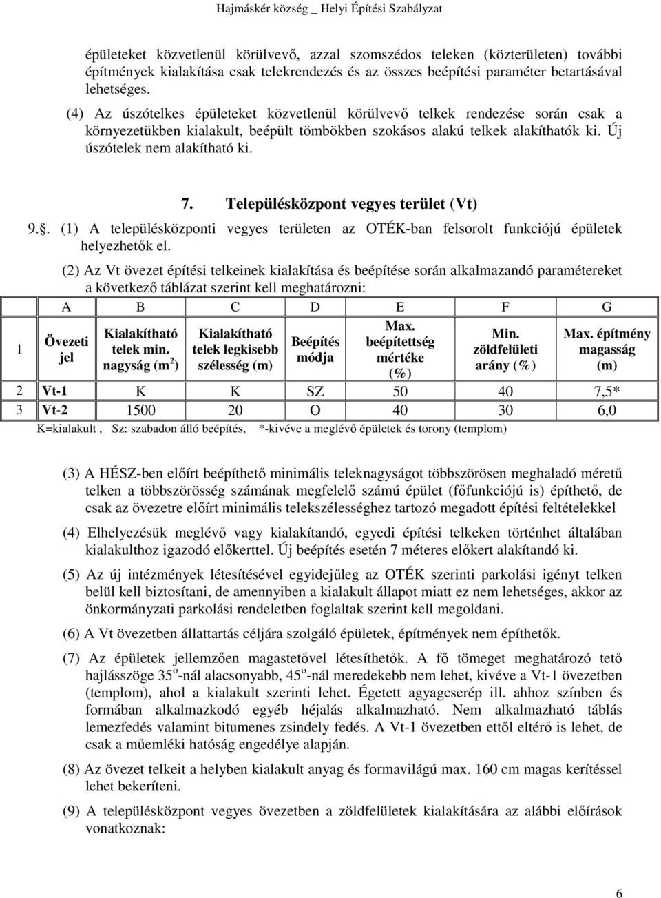 Településközpont vegyes terület (Vt) 9.. (1) A településközponti vegyes területen az OTÉK-ban felsorolt funkciójú épületek helyezhetők el.