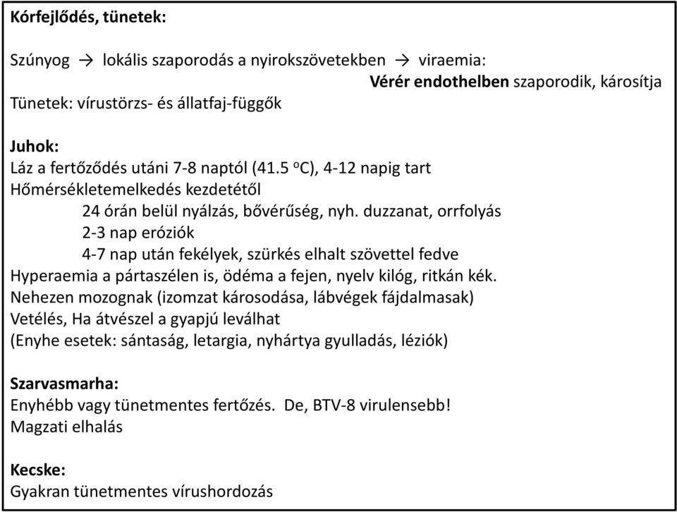 duzzanat, orrfolyás 2-3 nap eróziók 4-7 nap után fekélyek, szürkés elhalt szövettel fedve Hyperaemia a pártaszélen is, ödéma a fejen, nyelv kilóg, ritkán kék.