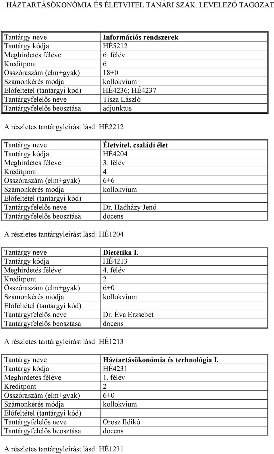 Hadházy Jenő A részletes tantárgyleírást lásd: HÉ1204 Dietétika I. HÉ4213 4. félév Tantárgyfelelős neve Dr.