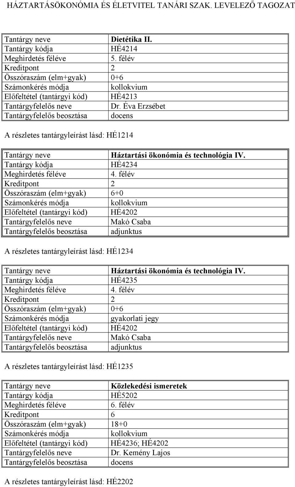 félév HÉ4202 A részletes tantárgyleírást lásd: HÉ1234 Háztartási ökonómia és technológia IV. HÉ4235 4.