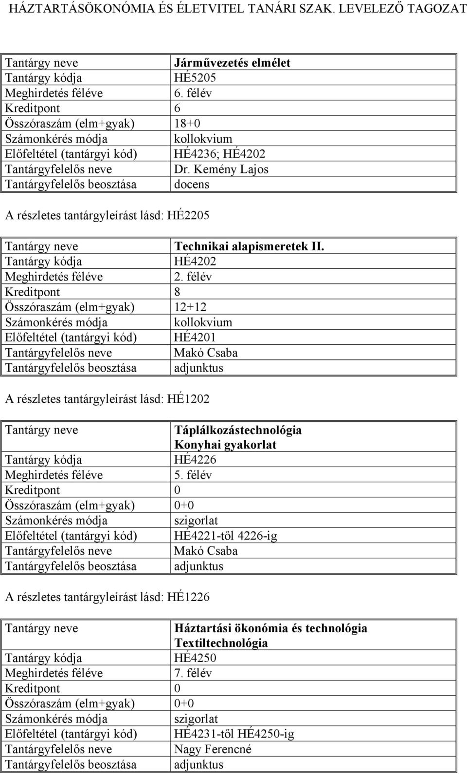 félév Kreditpont 8 Összóraszám (elm+gyak) 12+12 HÉ4201 A részletes tantárgyleírást lásd: HÉ1202 Táplálkozástechnológia Konyhai