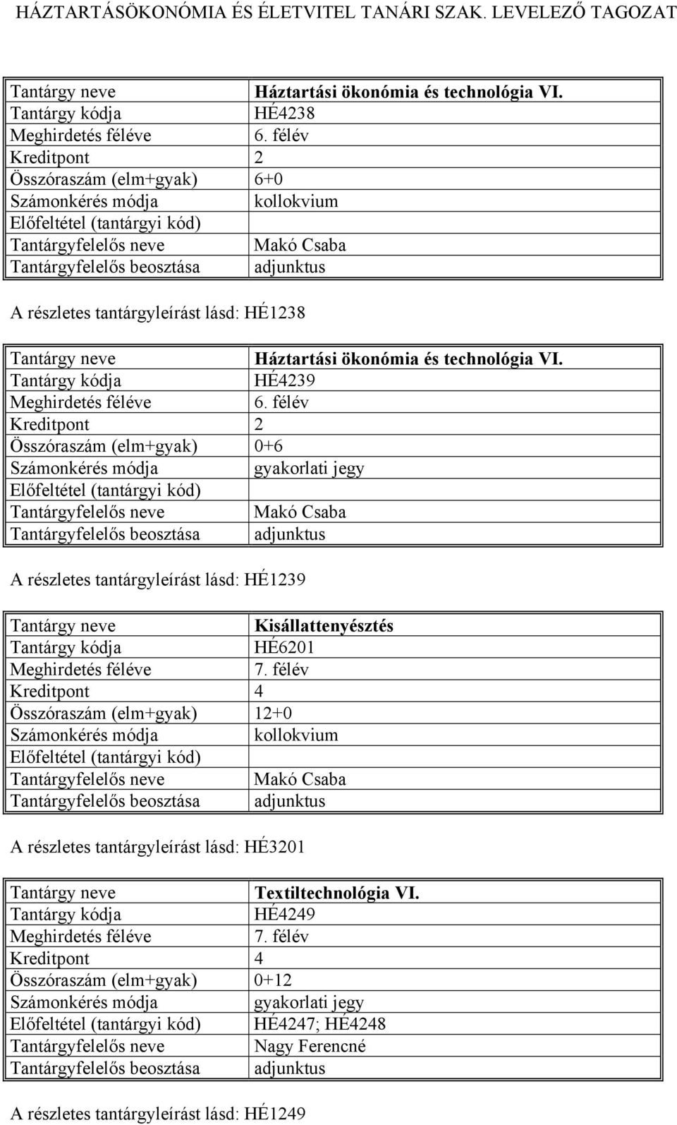 lásd: HÉ1239 Kisállattenyésztés HÉ6201 Összóraszám (elm+gyak) 12+0 A részletes