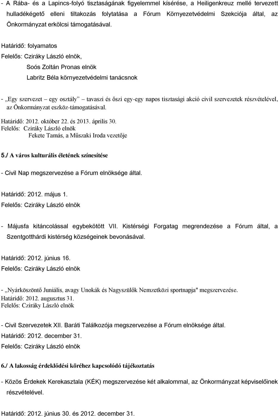 Határidő: folyamatos Felelős: Cziráky László elnök, Soós Zoltán Pronas elnök Labritz Béla környezetvédelmi tanácsnok - Egy szervezet egy osztály tavaszi és őszi egy-egy napos tisztasági akció civil