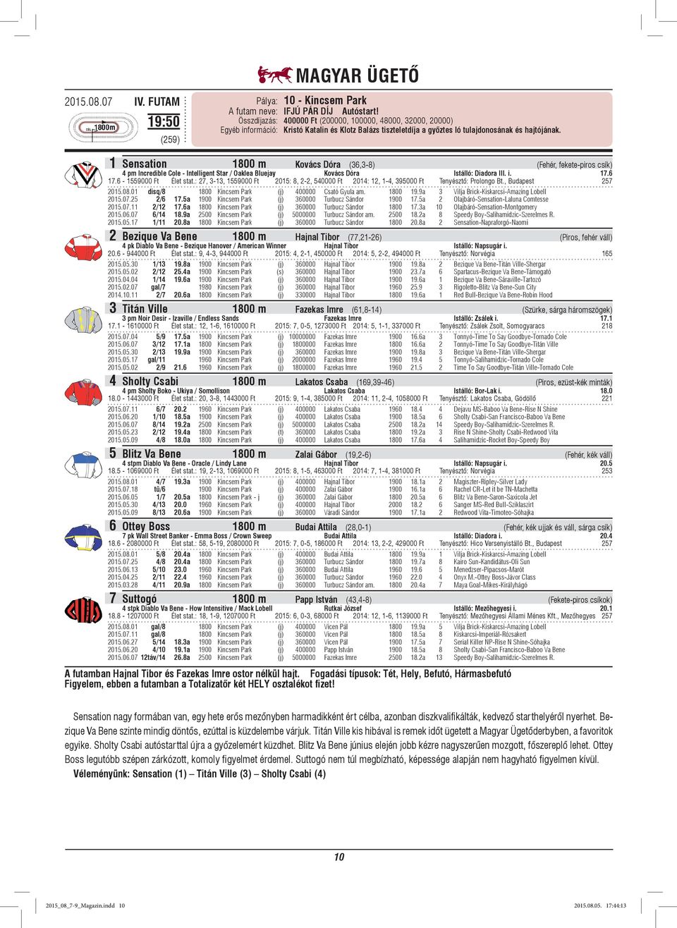 1 Sensation 1800 m Kovács Dóra (36,3-8) (Fehér, fekete-piros csík) 4 pm Incredible Cole - Intelligent Star / Oaklea Bluejay Kovács Dóra Istálló: Diadora I i. 17.6 17.6-1559000 Ft Élet stat.