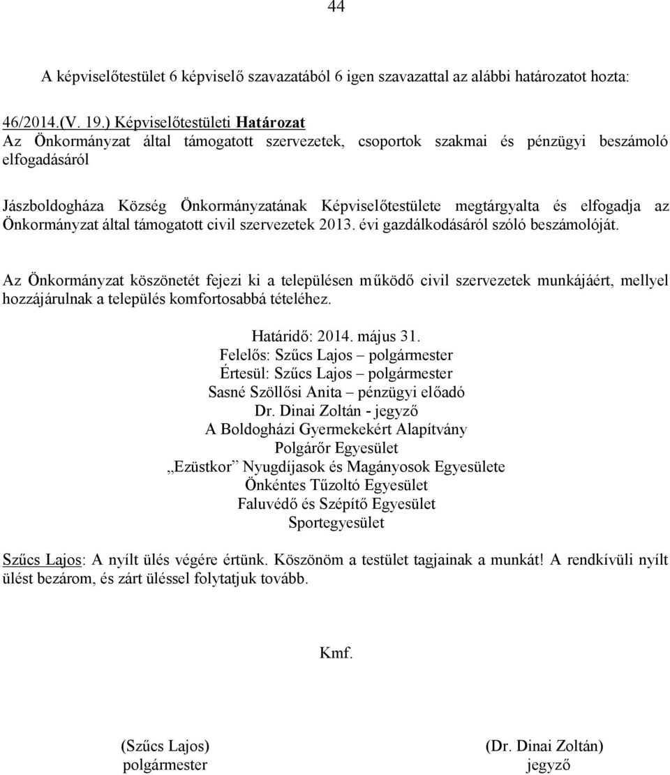 megtárgyalta és elfogadja az Önkormányzat által támogatott civil szervezetek 2013. évi gazdálkodásáról szóló beszámolóját.