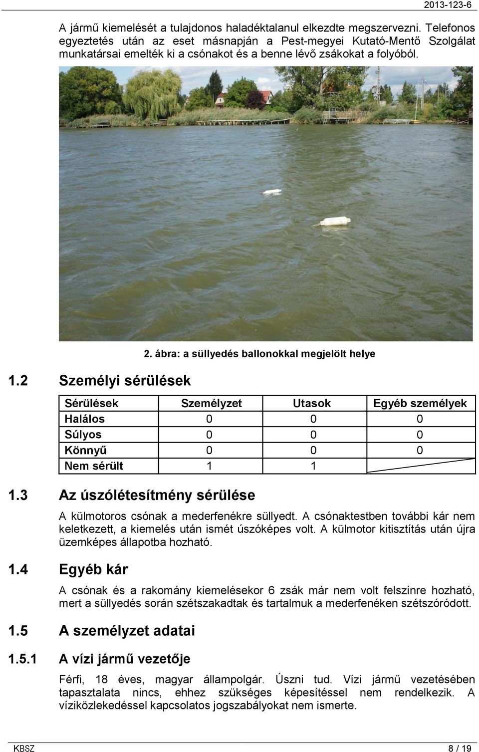 ábra: a süllyedés ballonokkal megjelölt helye Sérülések Személyzet Utasok Egyéb személyek Halálos 0 0 0 Súlyos 0 0 0 Könnyű 0 0 0 Nem sérült 1 1 1.