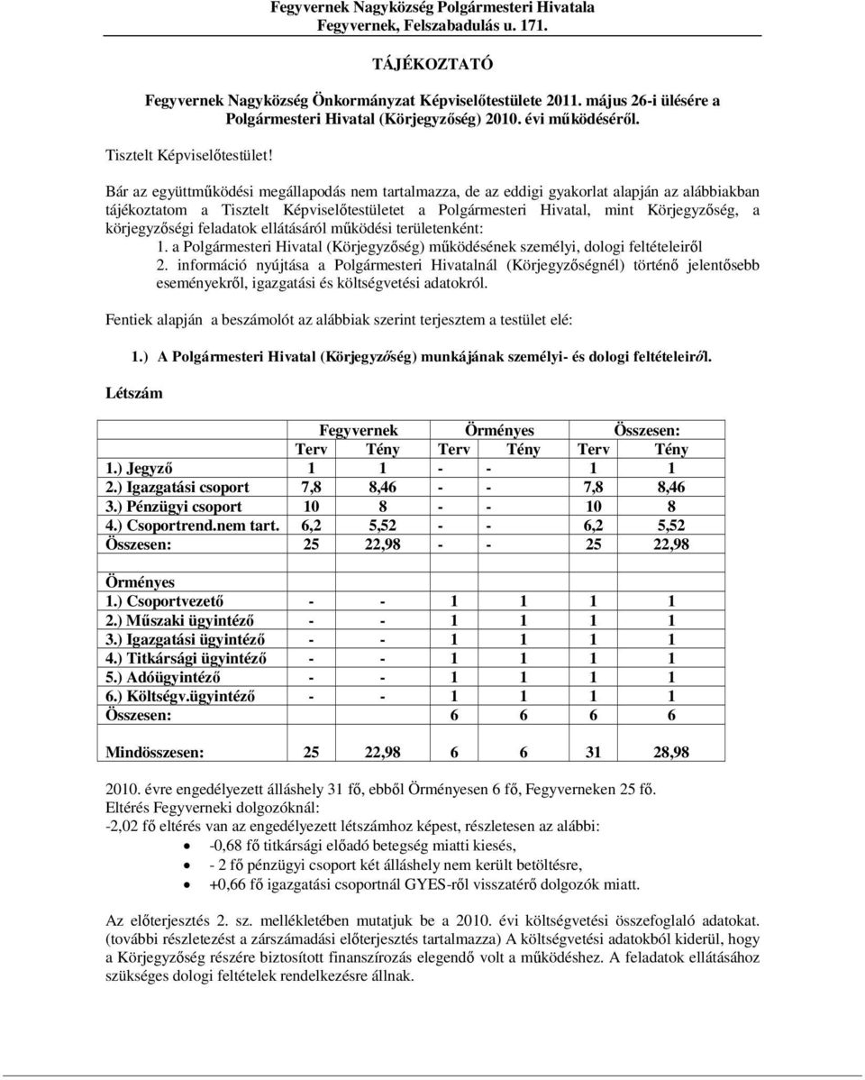 Bár az együttműködési megállapodás nem tartalmazza, de az eddigi gyakorlat alapján az alábbiakban tájékoztatom a Tisztelt Képviselőtestületet a Polgármesteri Hivatal, mint Körjegyzőség, a