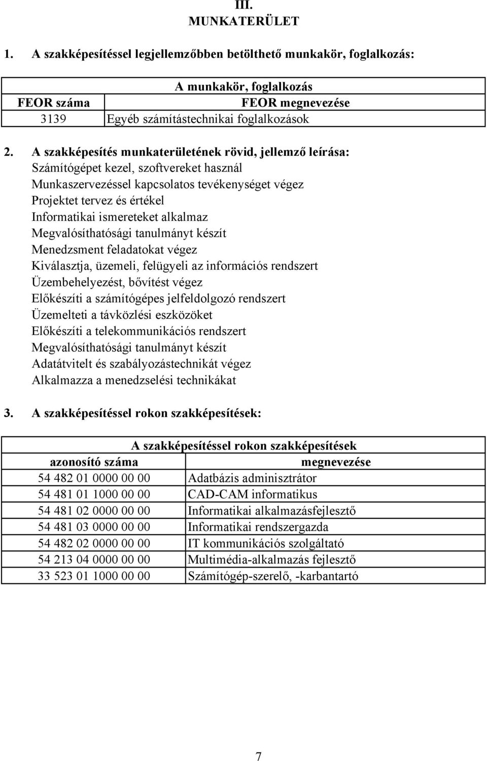 A szakképesítés munkaterületének rövid, jellemző leírása: Számítógépet kezel, szoftvereket használ Munkaszervezéssel kapcsolatos tevékenységet végez Projektet tervez és értékel Informatikai