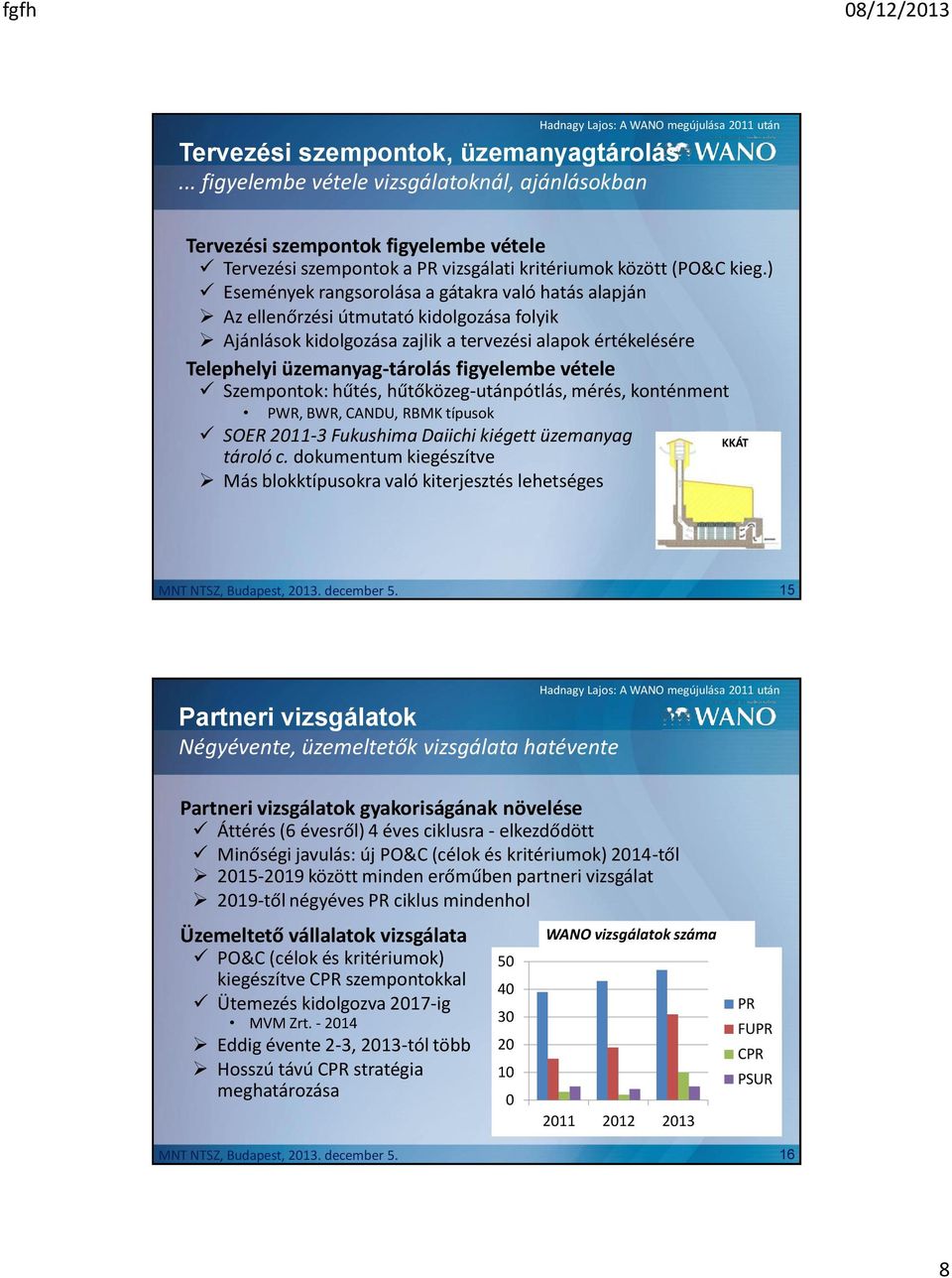 vétele Szempontok: hűtés, hűtőközeg-utánpótlás, mérés, konténment PWR, BWR, CANDU, RBMK típusok SOER 2011-3 Fukushima Daiichi kiégett üzemanyag KKÁT tároló c.