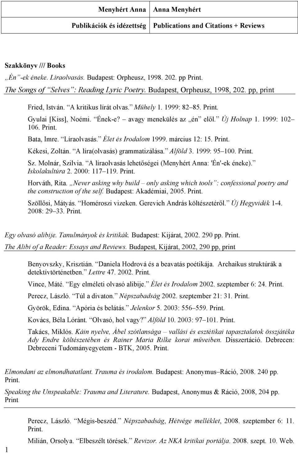 avagy menekülés az én elől. Új Holnap 1. 1999: 102 106. Bata, Imre. Líraolvasás. Élet és Irodalom 1999. március 12: 15. Kékesi, Zoltán. A líra(olvasás) grammatizálása. Alföld 3. 1999: 95 100. Sz.