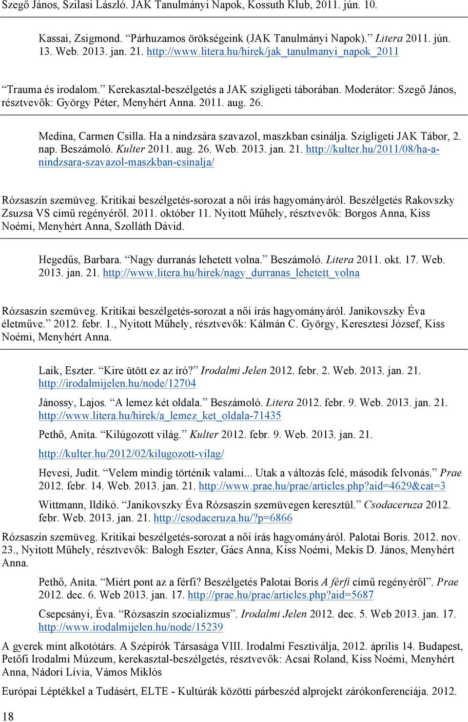 Medina, Carmen Csilla. Ha a nindzsára szavazol, maszkban csinálja. Szigligeti JAK Tábor, 2. nap. Beszámoló. Kulter 2011. aug. 26. Web. 2013. jan. 21. http://kulter.