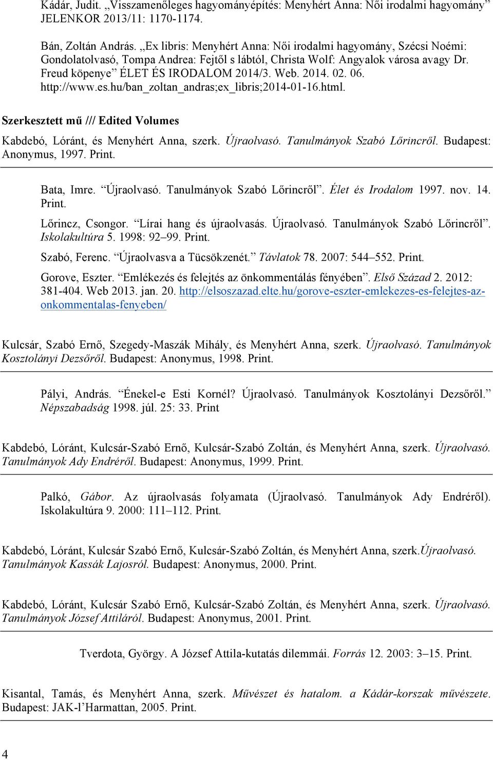 06. http://www.es.hu/ban_zoltan_andras;ex_libris;2014-01-16.html. Szerkesztett mű /// Edited Volumes Kabdebó, Lóránt, és Menyhért Anna, szerk. Újraolvasó. Tanulmányok Szabó Lőrincről.