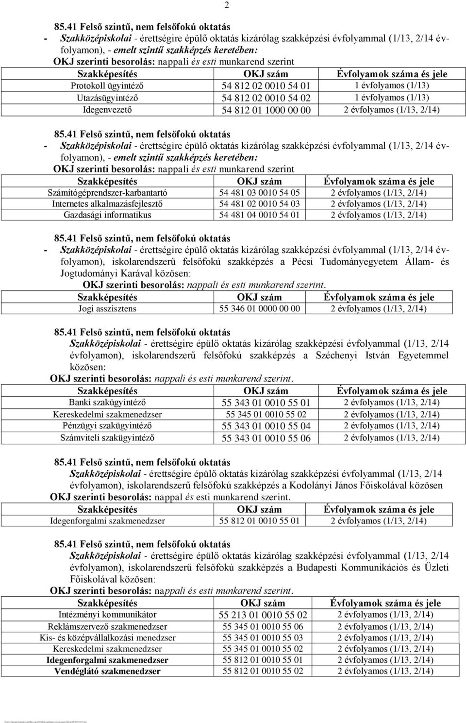 02 0010 54 03 2 évfolyamos (1/13, 2/14) Gazdasági informatikus 54 481 04 0010 54 01 2 évfolyamos (1/13, 2/14) - évfolyamon), iskolarendszerű felsőfokú szakképzés a Pécsi Tudományegyetem Állam- és