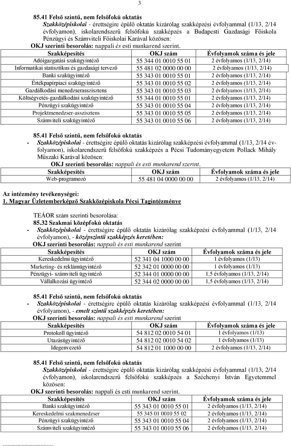 menedzserasszisztens 55 343 01 0010 55 03 2 évfolyamos (1/13, 2/14) Költségvetés-gazdálkodási szakügyintéző 55 344 01 0010 55 01 2 évfolyamos (1/13, 2/14) Projektmenedzser-asszisztens 55 343 01 0010