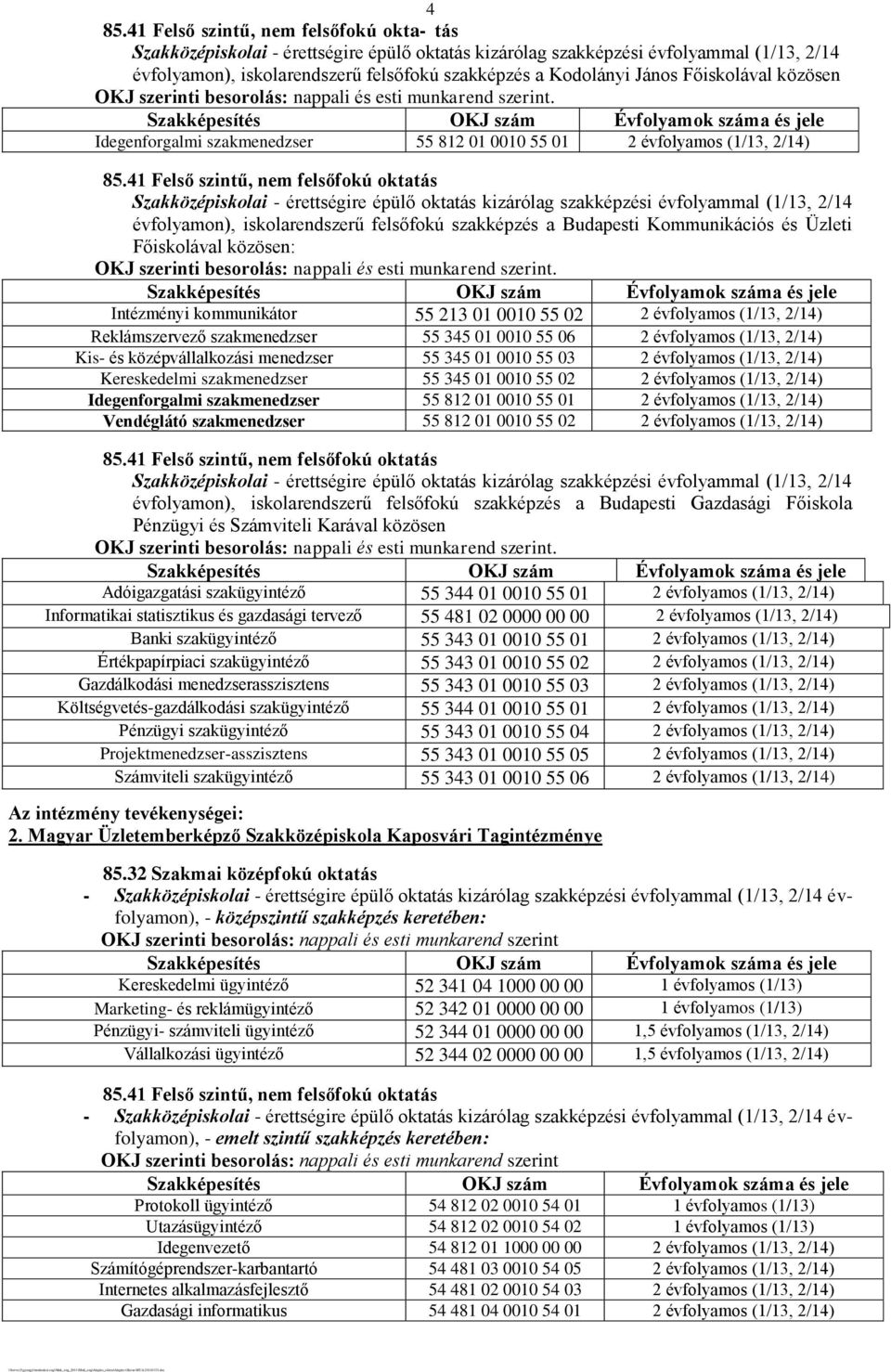 középvállalkozási menedzser 55 345 01 0010 55 03 2 évfolyamos (1/13, 2/14) Vendéglátó szakmenedzser 55 812 01 0010 55 02 2 évfolyamos (1/13, 2/14) évfolyamon), iskolarendszerű felsőfokú szakképzés a