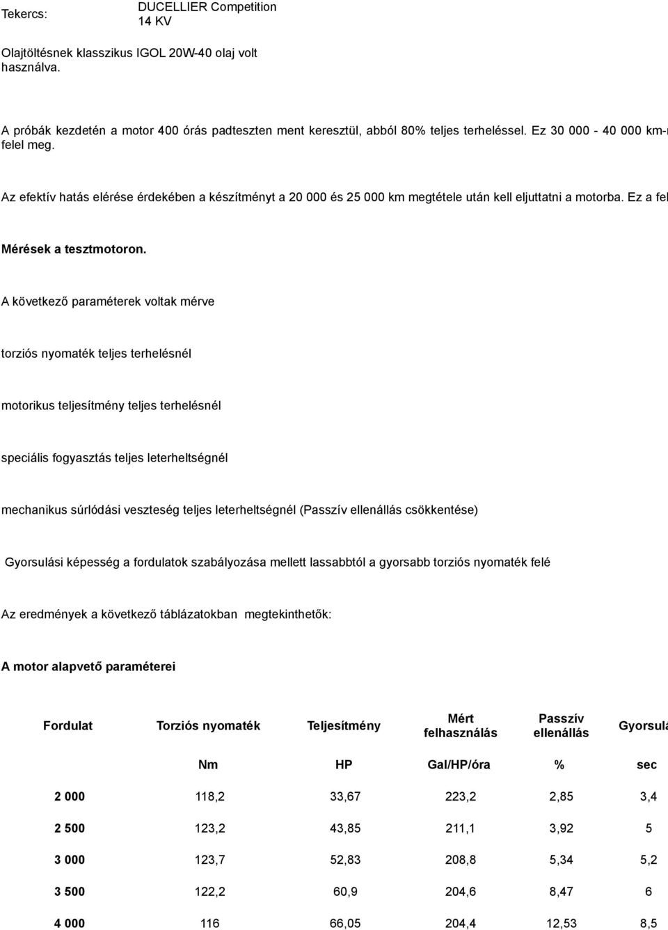 A következő paraméterek voltak mérve torziós nyomaték teljes terhelésnél motorikus teljesítmény teljes terhelésnél speciális fogyasztás teljes leterheltségnél mechanikus súrlódási veszteség teljes