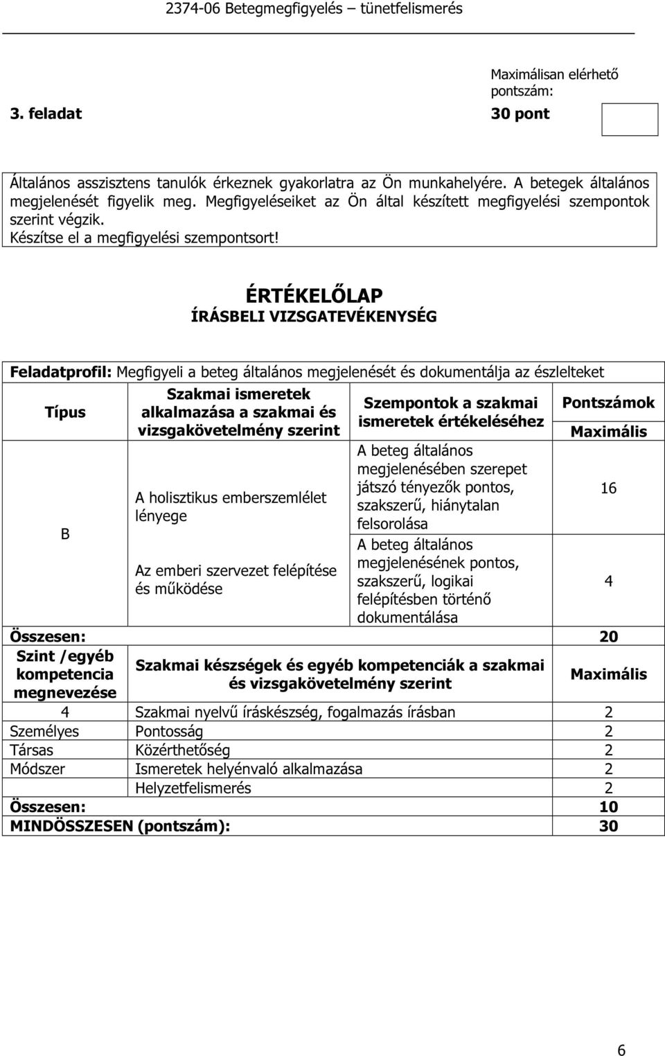 ÉRTÉKELŐLAP ÍRÁSBELI VIZSGATEVÉKENYSÉG Feladatprofil: Megfigyeli a beteg általános megjelenését és dokumentálja az észlelteket Típus B Szakmai ismeretek alkalmazása a szakmai és vizsgakövetelmény