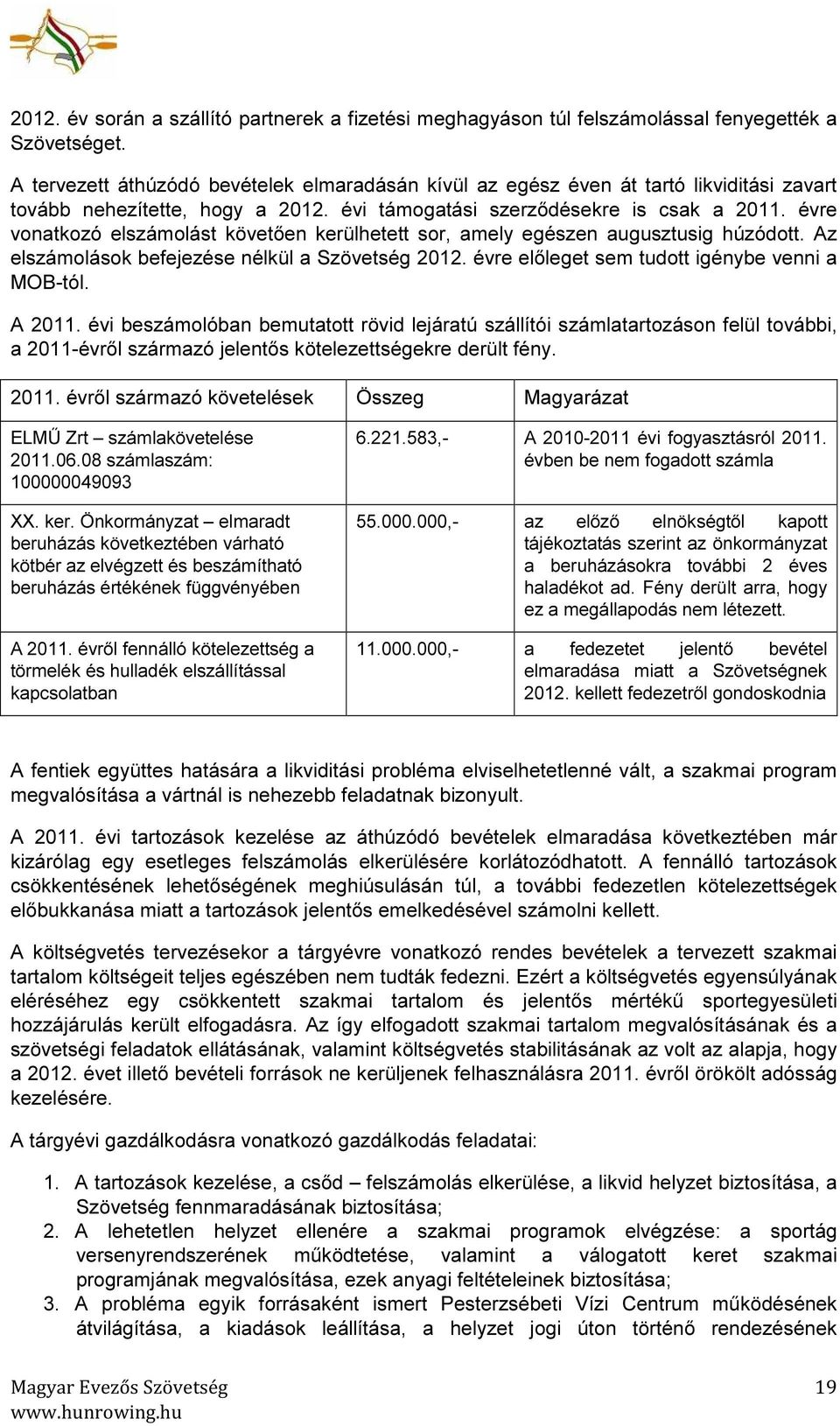 évre vonatkozó elszámolást követően kerülhetett sor, amely egészen augusztusig húzódott. Az elszámolások befejezése nélkül a Szövetség 2012. évre előleget sem tudott igénybe venni a MOB-tól. A 2011.