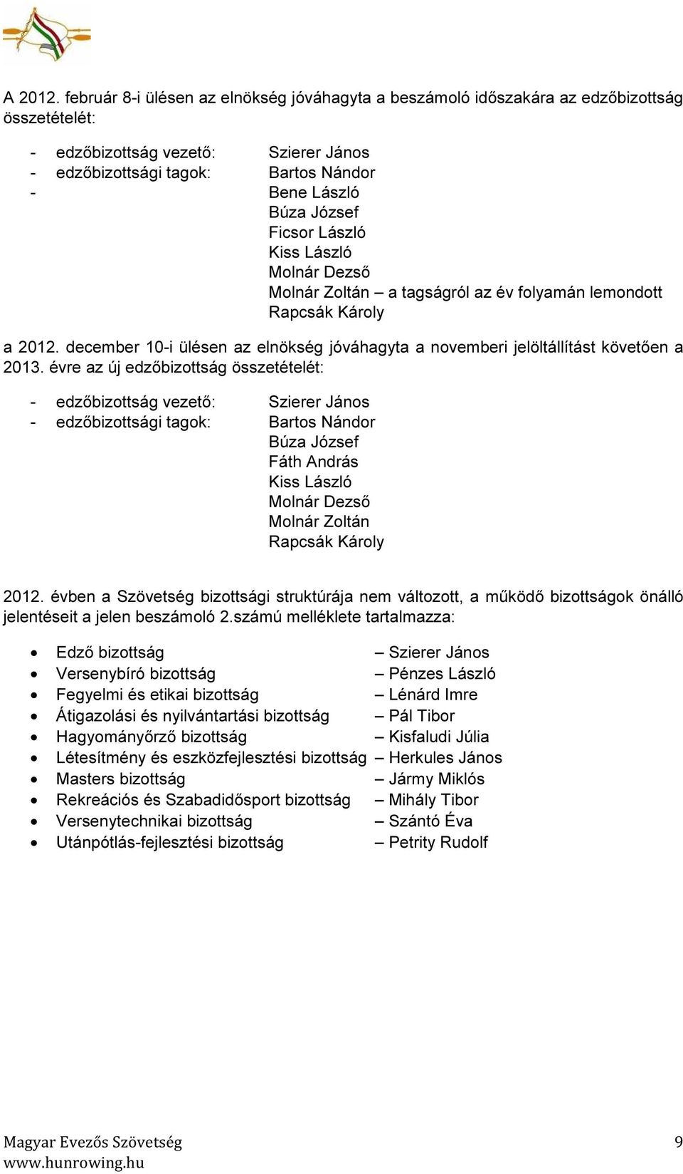 Ficsor László Kiss László Molnár Dezső Molnár Zoltán a tagságról az év folyamán lemondott Rapcsák Károly a 2012. december 10-i ülésen az elnökség jóváhagyta a novemberi jelöltállítást követően a 2013.