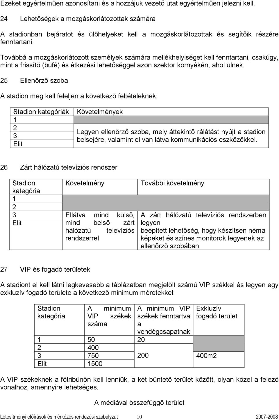 Továá mozgáskorlátozott személyek számár mellékhelyiséget kell fenntrtni, skúgy, mint frissítő (üfé) és étkezési lehetőséggel zon szektor környékén, hol ülnek.