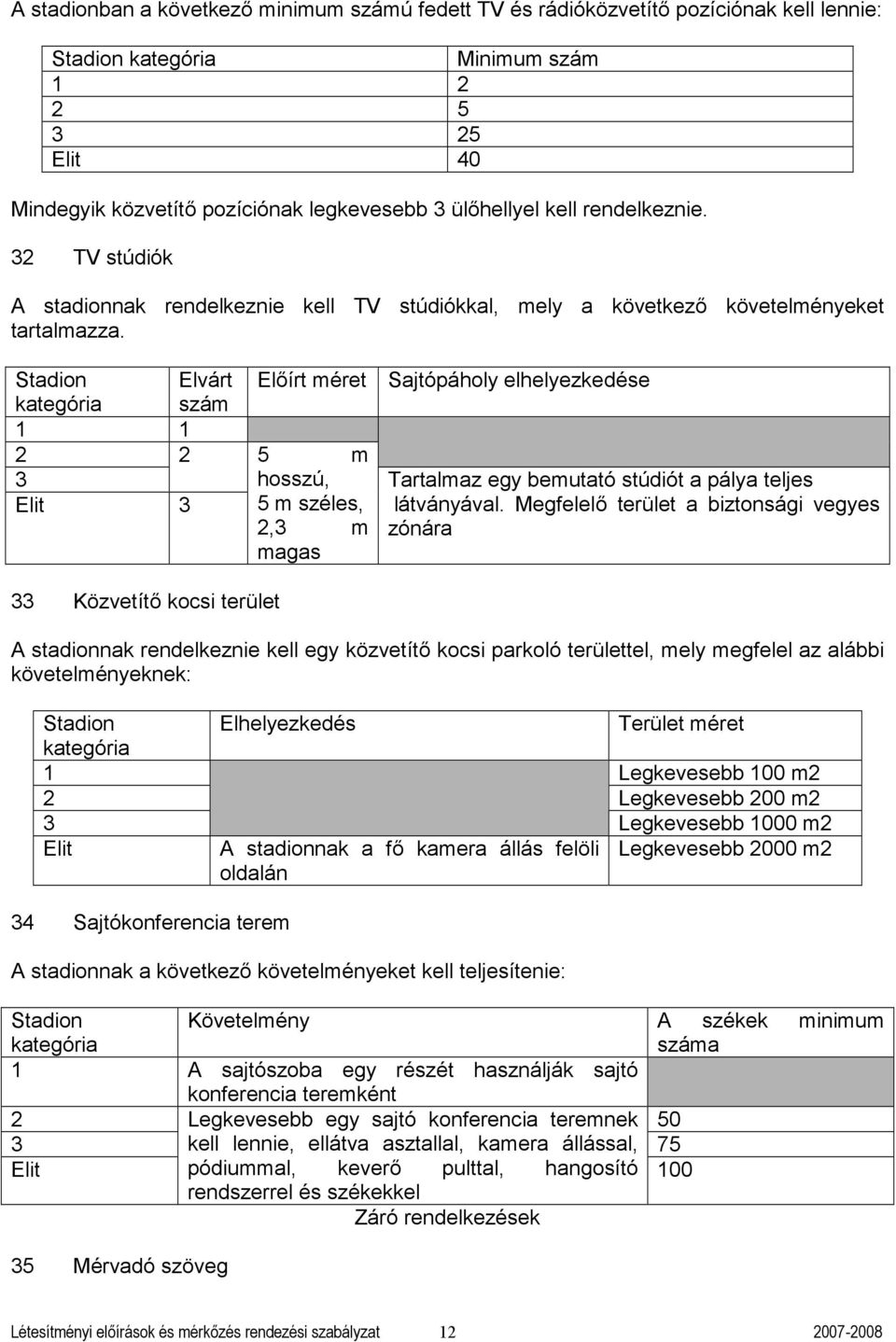 Stdion Elvárt ktegóri szám 1 1 2 2 3 Elit 3 Előírt méret 5 m hosszú, 5 m széles, 2,3 m mgs Sjtópáholy elhelyezkedése Trtlmz egy emuttó stúdiót pály teljes látványávl.