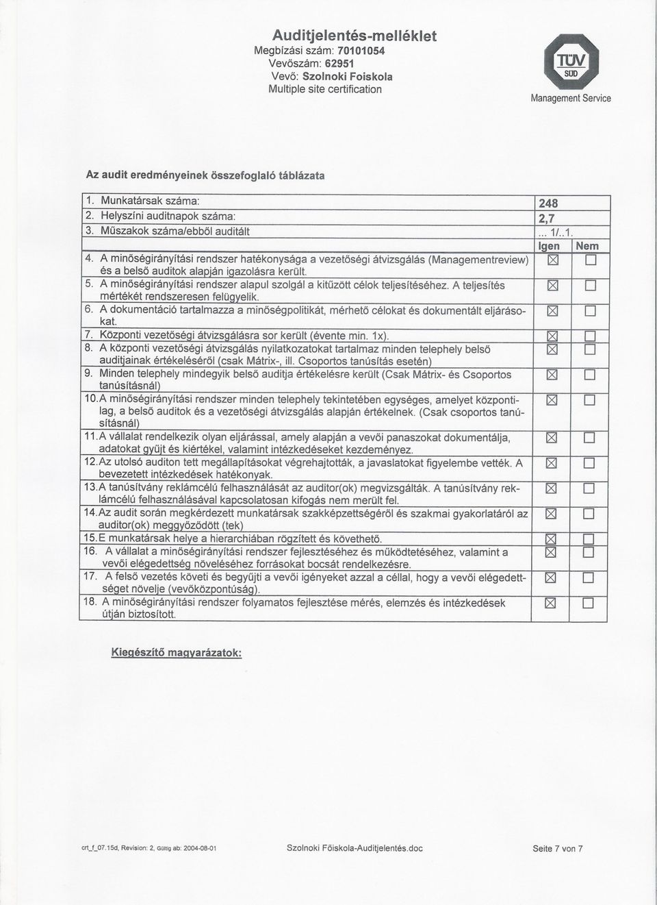 A minoségirányítási rendszer alapul szolgál a kituzött célok teljesítéséhez. A teljesítés /ZI mértékét rendszeresen felügyelik. D 6.