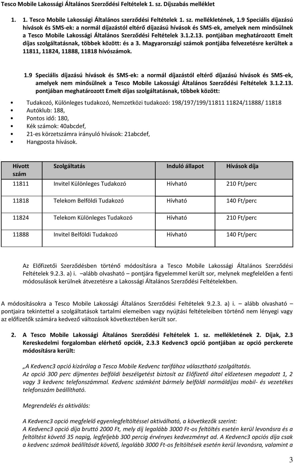 pontjában meghatározott Emelt díjas szolgáltatásnak, többek között: és a 3. Magyarországi számok pontjába felvezetésre kerültek a 11
