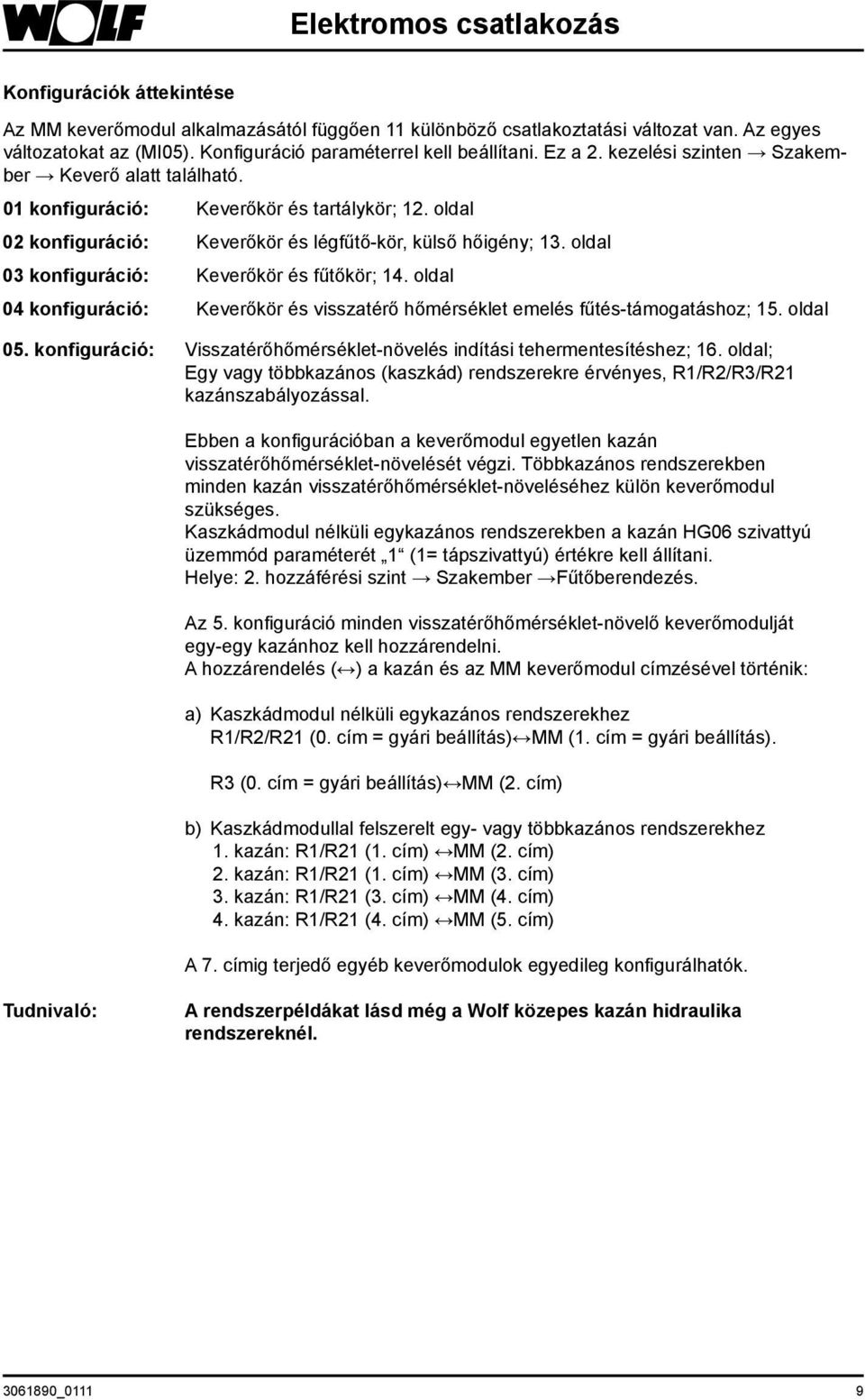 oldal 02 konfiguráció: Keverőkör és légfűtő-kör, külső hőigény; 13. oldal 03 konfiguráció: Keverőkör és fűtőkör; 14.