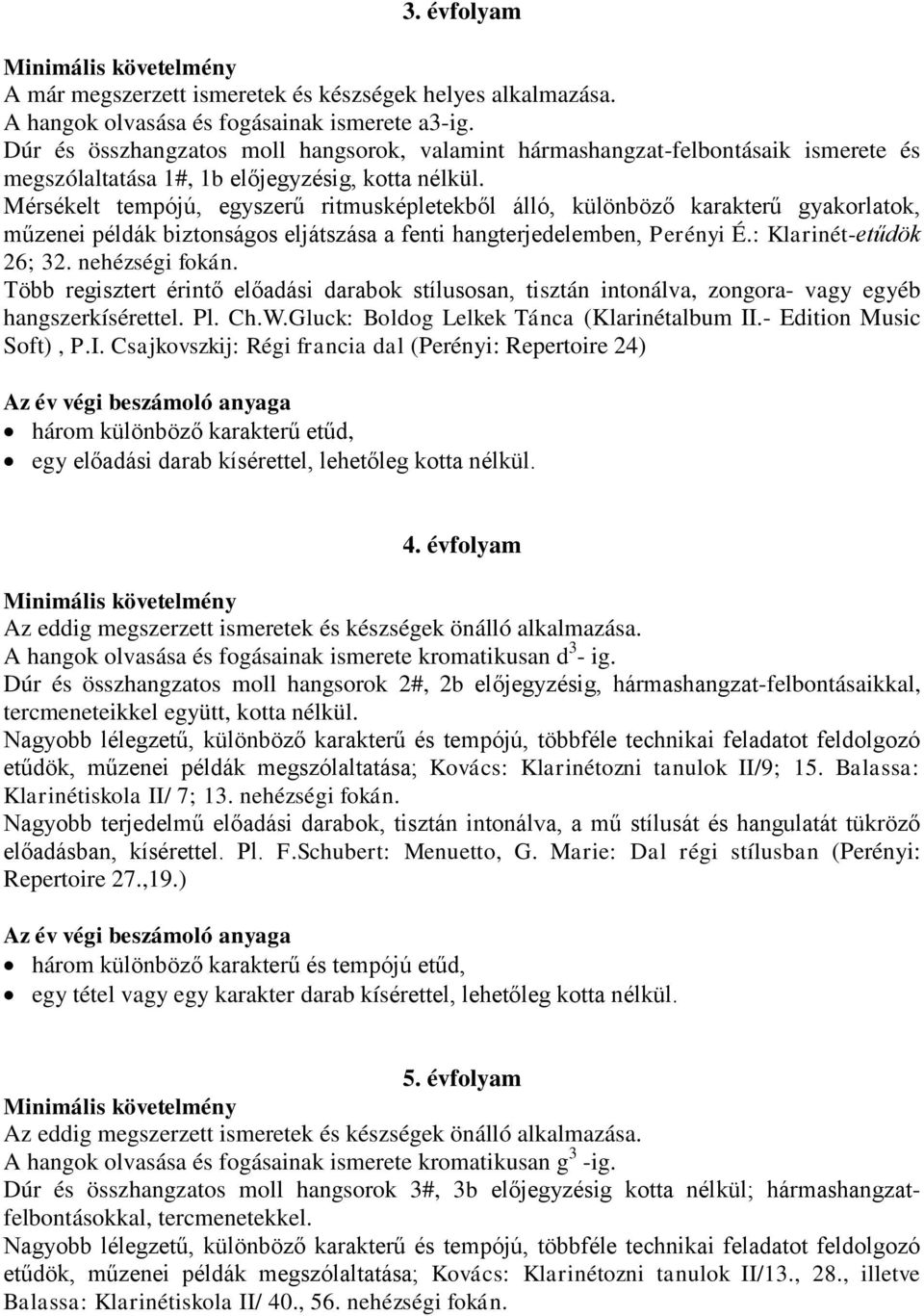 Mérsékelt tempójú, egyszerű ritmusképletekből álló, különböző karakterű gyakorlatok, műzenei példák biztonságos eljátszása a fenti hangterjedelemben, Perényi É.: Klarinét-etűdök 26; 32.