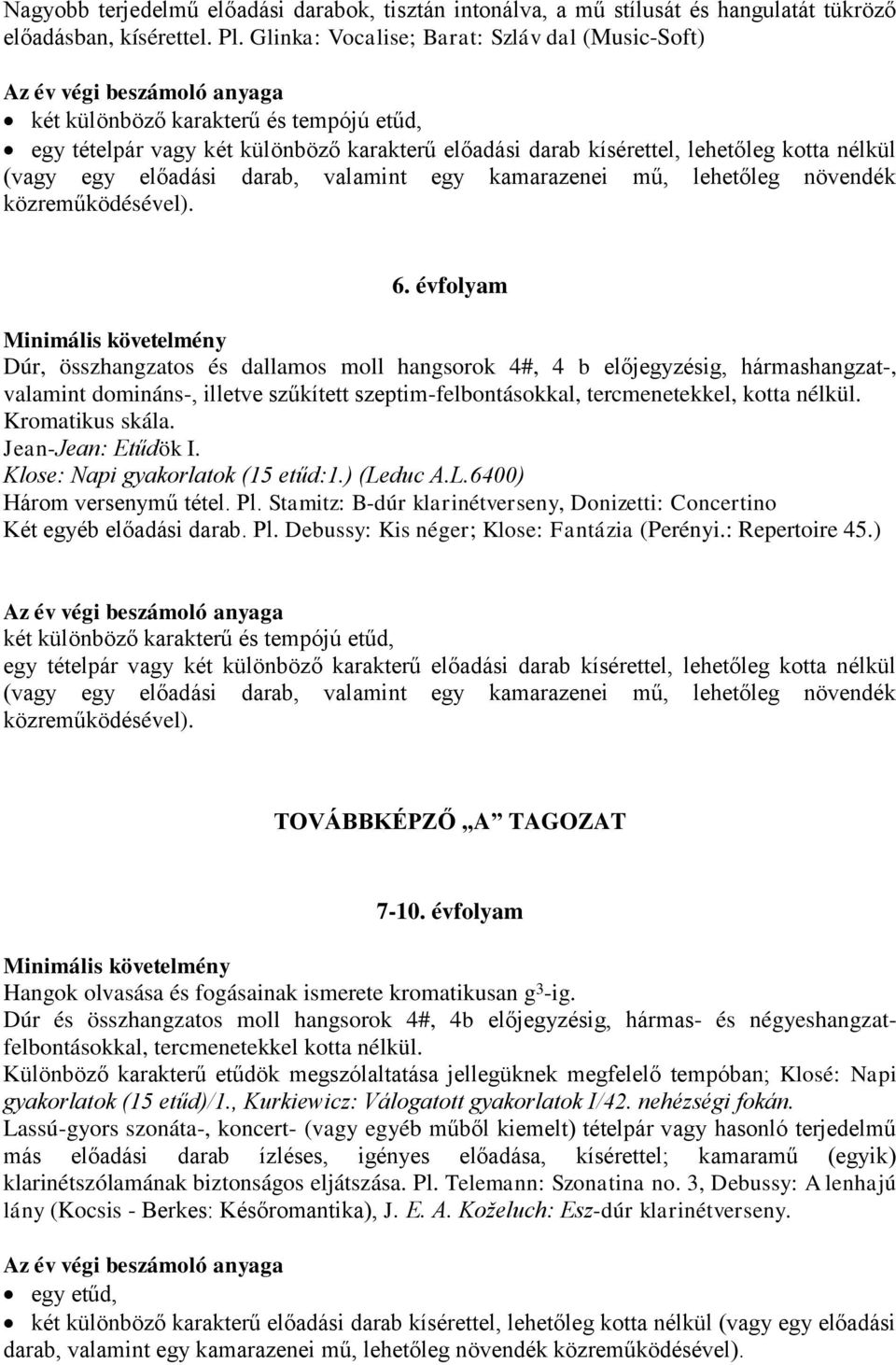 évfolyam Dúr, összhangzatos és dallamos moll hangsorok 4#, 4 b előjegyzésig, hármashangzat-, valamint domináns-, illetve szűkített szeptim-felbontásokkal, tercmenetekkel, kotta nélkül.