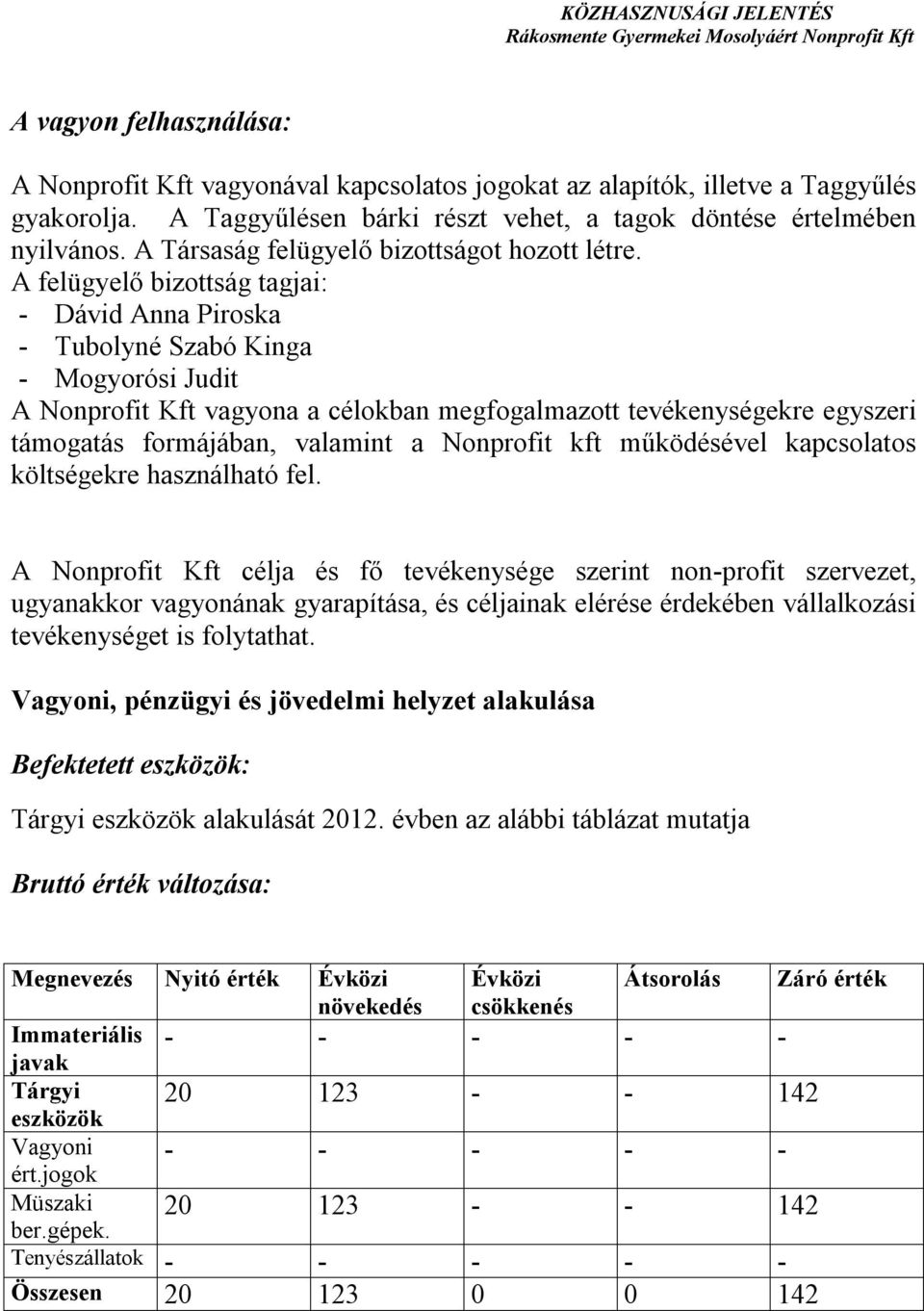 A felügyelő bizottság tagjai: - Dávid Anna Piroska - Tubolyné Szabó Kinga - Mogyorósi Judit A Nonprofit Kft vagyona a célokban megfogalmazott tevékenységekre egyszeri támogatás formájában, valamint a