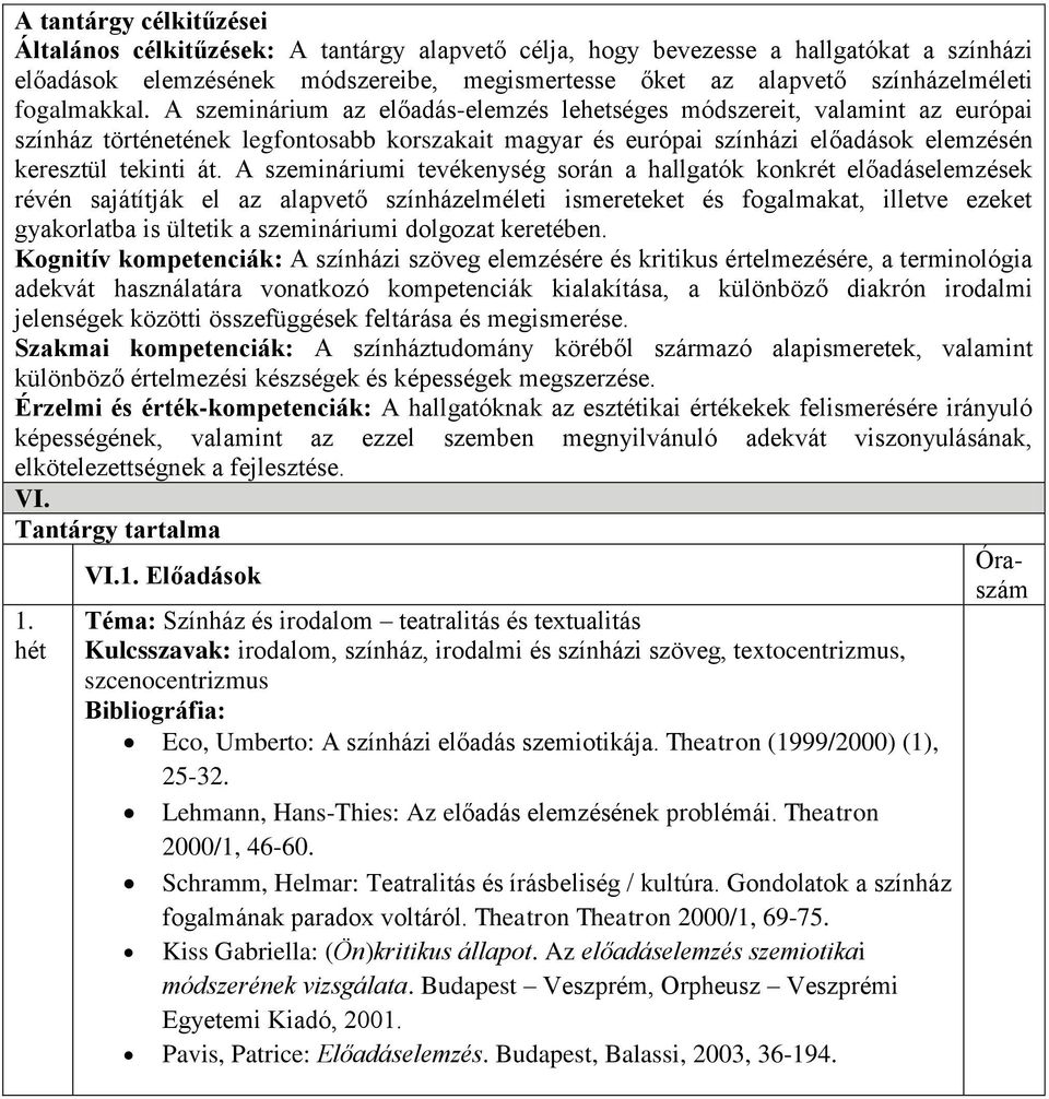 A szeminárium az előadás-elemzés lehetséges módszereit, valamint az európai színház történetének legfontosabb korszakait magyar és európai színházi előadások elemzésén keresztül tekinti át.
