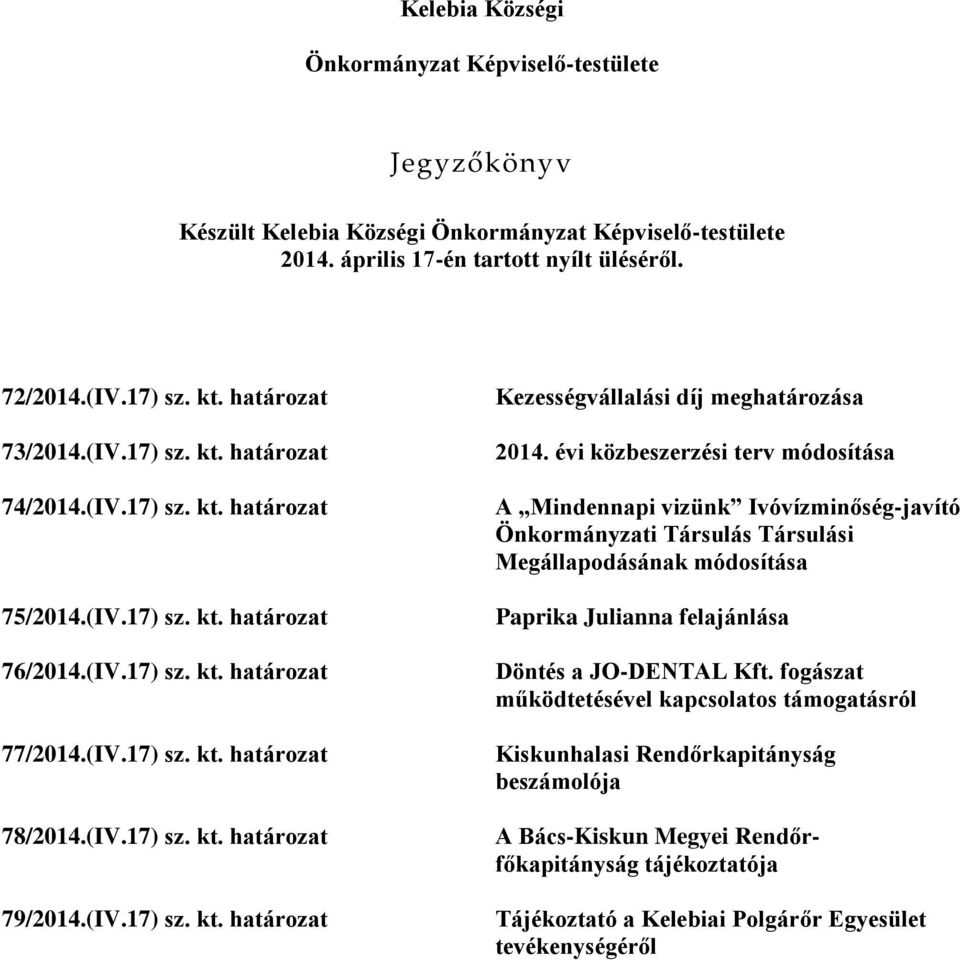 (IV.17) sz. kt. határozat Kezességvállalási díj meghatározása 2014.