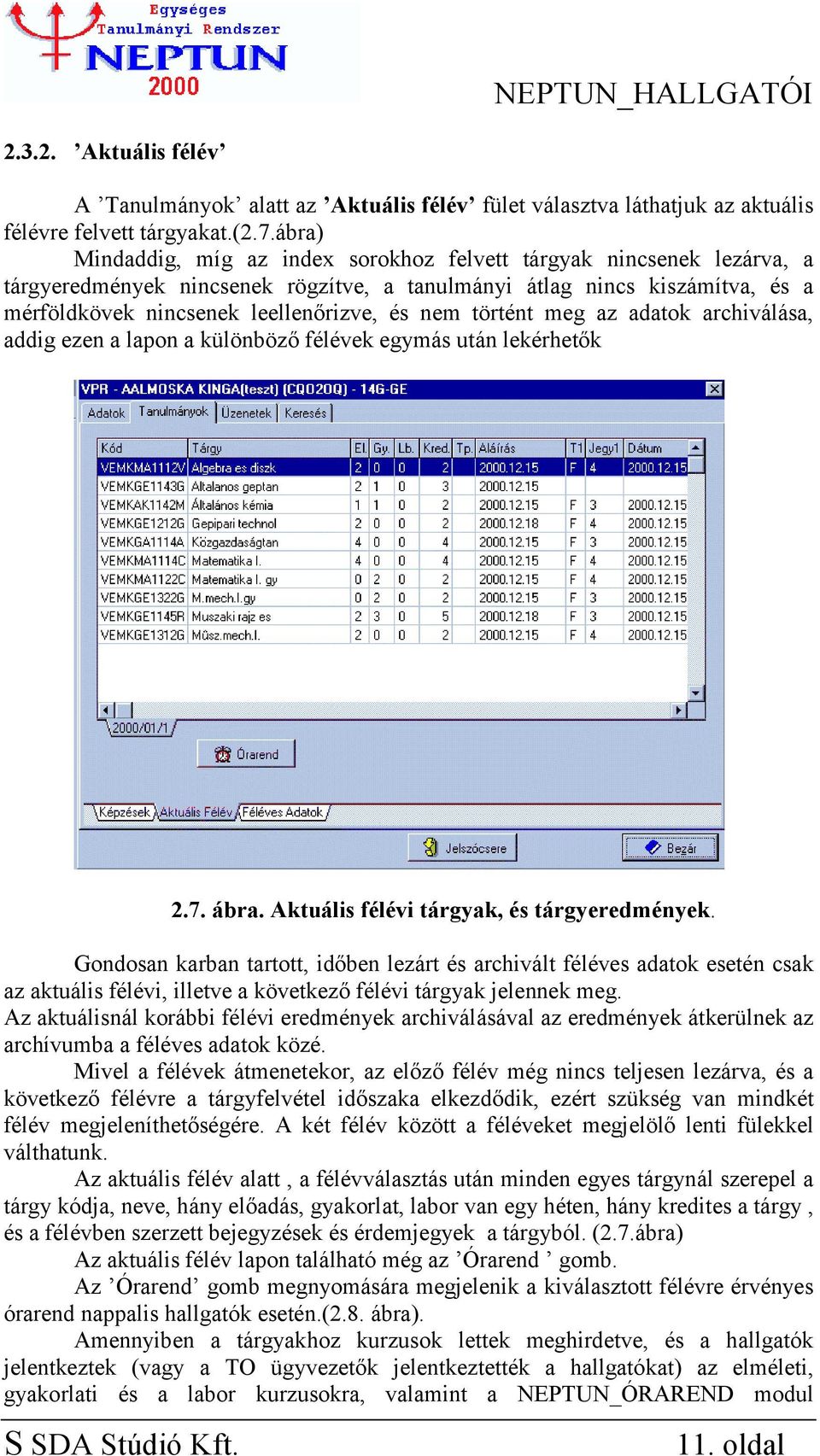 történt meg az adatok archiválása, addig ezen a lapon a különböző félévek egymás után lekérhetők 2.7. ábra. Aktuális félévi tárgyak, és tárgyeredmények.